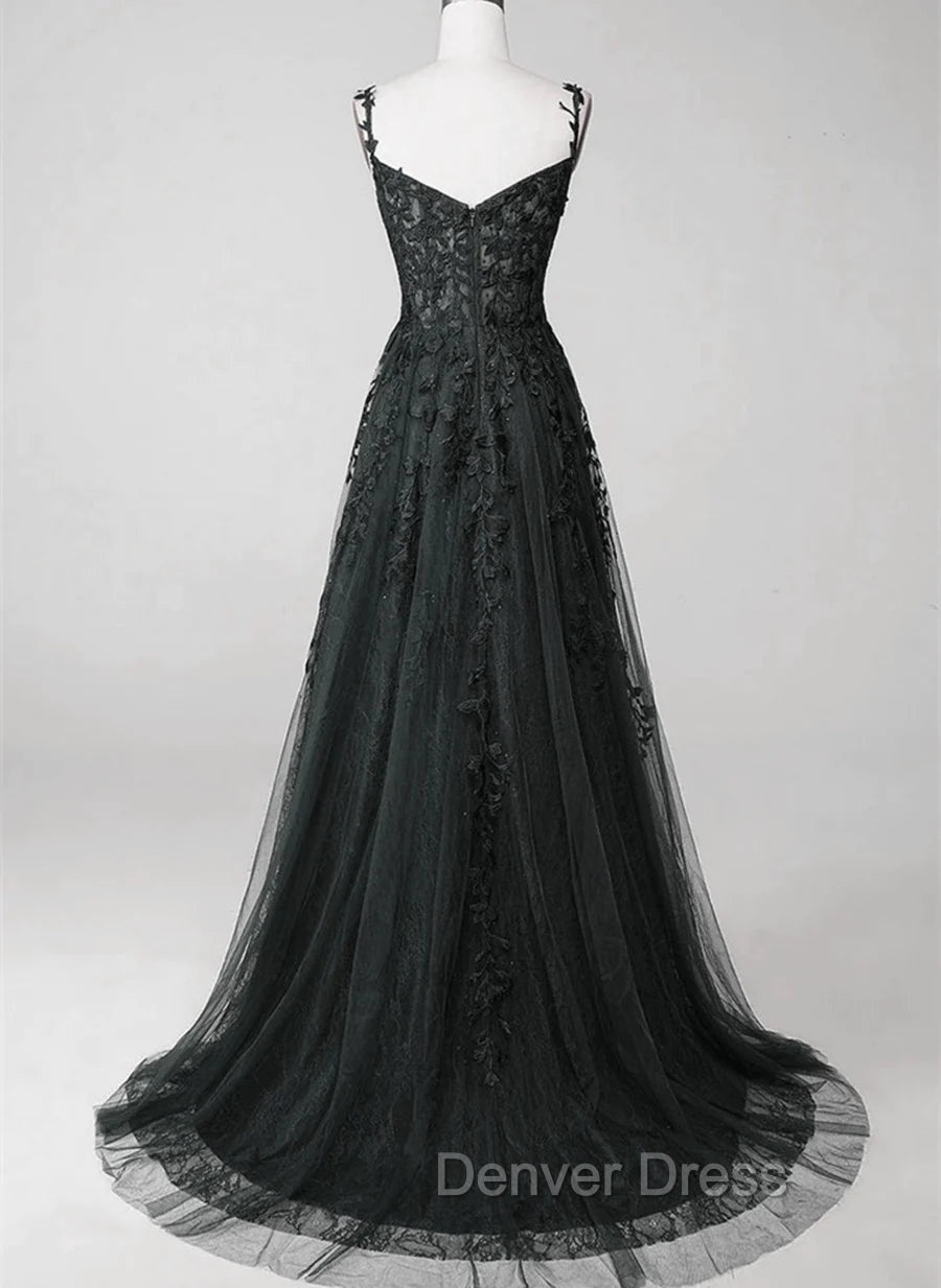 Black Lace Straps Beaded A-line Prom Dresses Party Dresses, Black Floor Length Formal Dresses