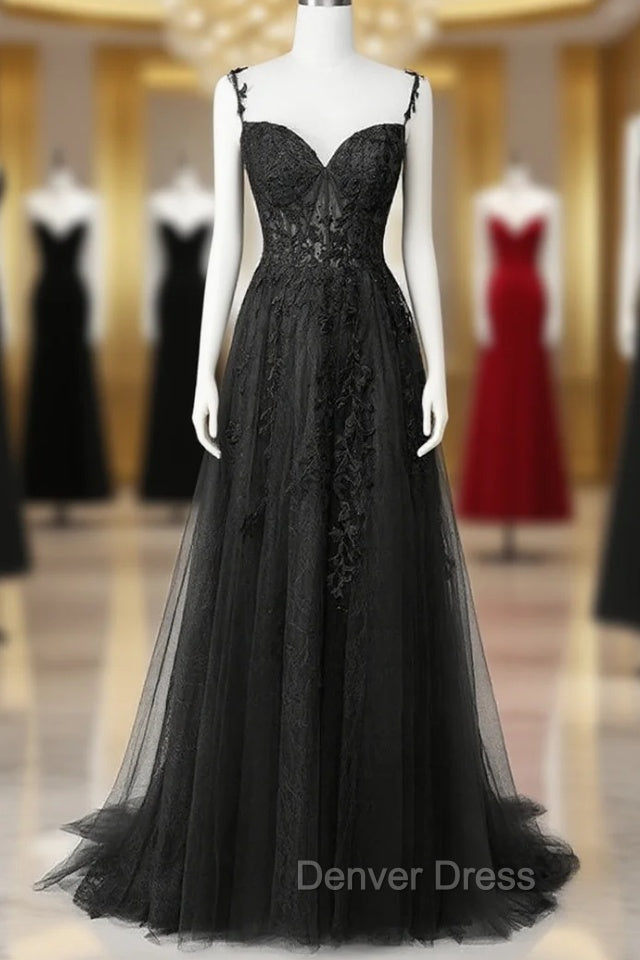 Black Lace Straps Beaded A-line Prom Dresses Party Dresses, Black Floor Length Formal Dresses Main image