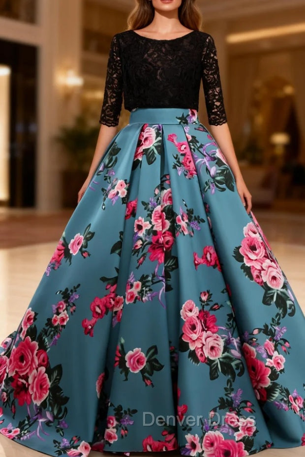 Black Lace Three Quarters Sleeve Print Backless Prom Dresses