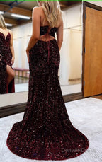 Black Lace Up Back Sequis Mermaid Prom Dress with Slit Prom Dresses