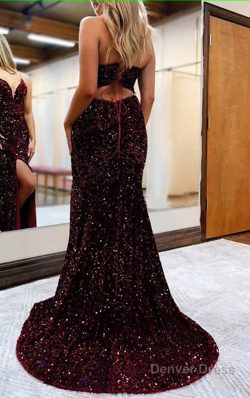Black Lace Up Back Sequis Mermaid Prom Dress with Slit Prom Dresses
