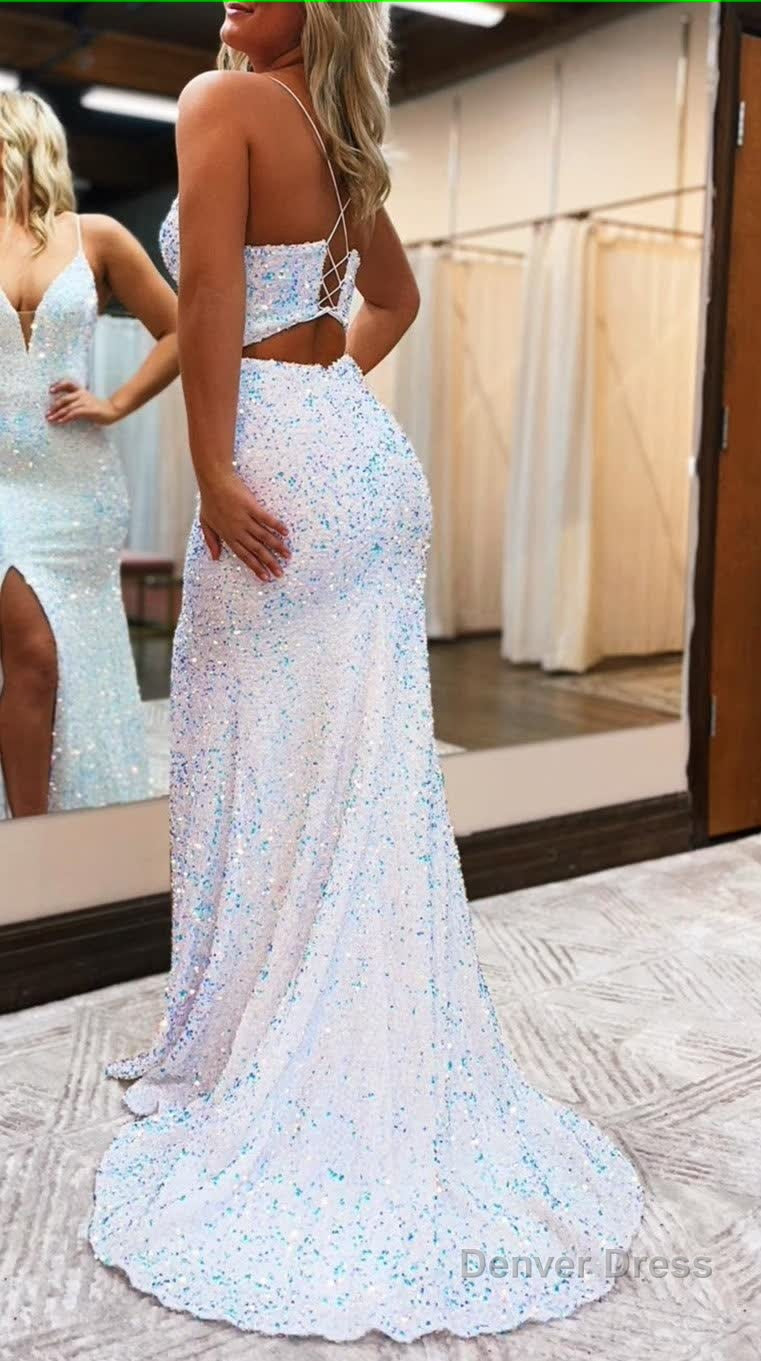 Black Lace Up Back Sequis Mermaid Prom Dress with Slit Prom Dresses