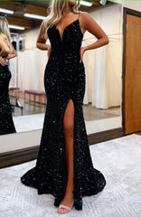 black lace up back sequis mermaid prom dress with slit
