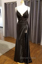 Black Lace V-Neck Long Prom Dress with Slit Birthday Outfits