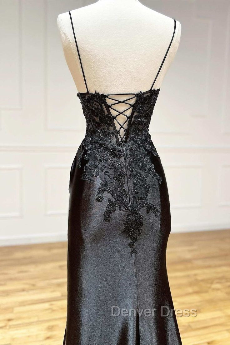 Black Lace V-Neck Long Prom Dress with Slit Birthday Outfits