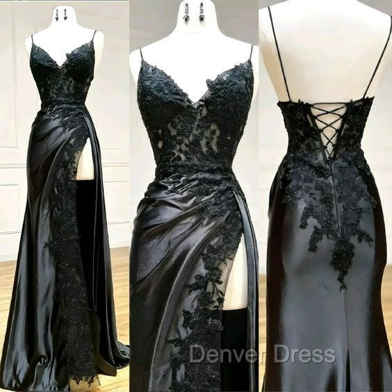 Black Lace V-Neck Long Prom Dress with Slit Birthday Outfits