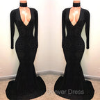 Black Lace V-Neck Prom Party Gowns| Mermaid Long-Sleeve Evening Gowns
