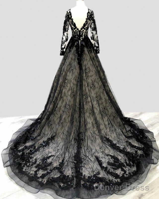 Black Lace V Neck Wedding Dress Long Sleeve