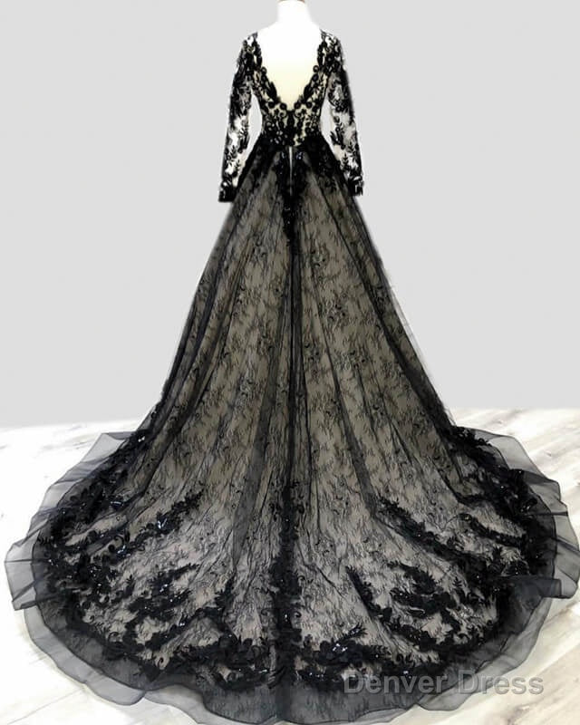 Black Lace V Neck Wedding Dresses Long Sleeve