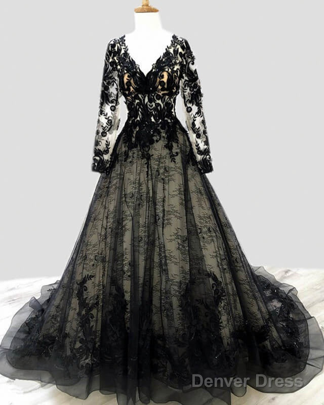 Black Lace V Neck Wedding Dresses Long Sleeve