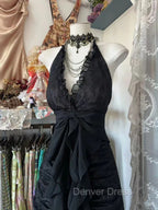 Black Lace V-Neckline A-Line Halter Party Dresses, Black Vintage Style Prom Dresses