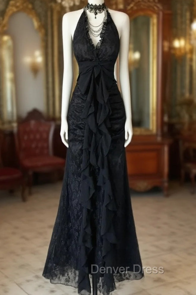 Black Lace V-Neckline A-Line Halter Party Dresses, Black Vintage Style Prom Dresses Main image