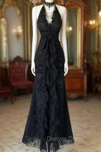 Black Lace V-Neckline A-Line Halter Party Dresses, Black Vintage Style Prom Dresses