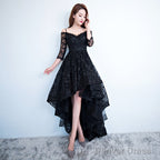 Black Lace V-Neckline Straps High Low Party Dress Homecoming Dress, Black Formal Dress