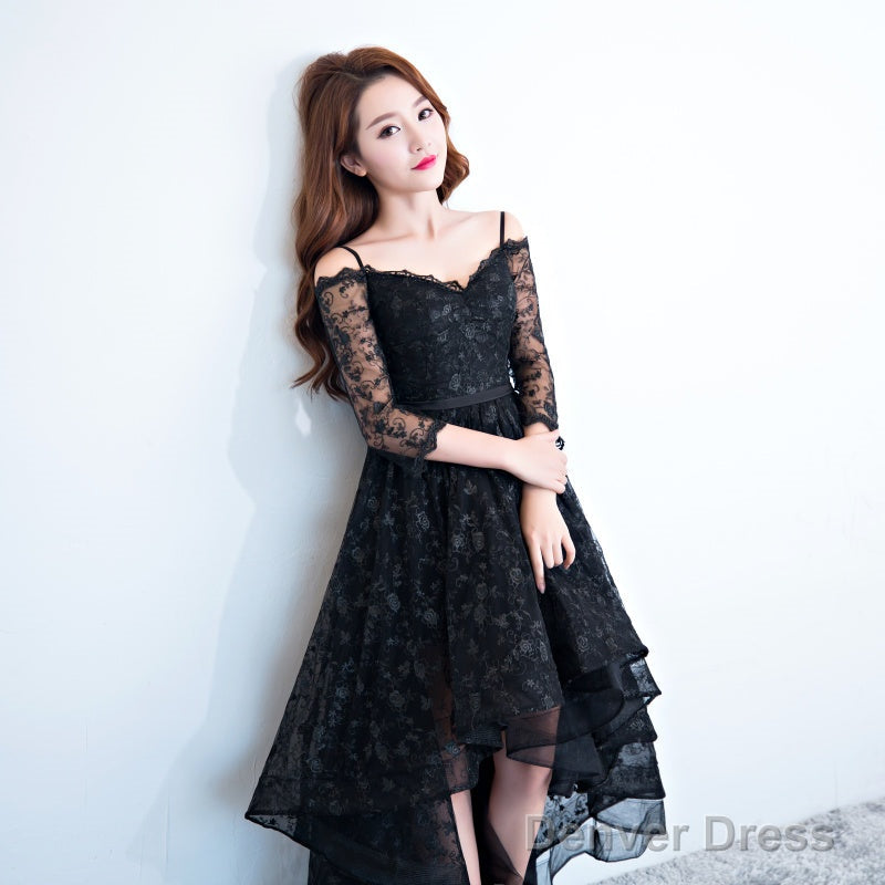Black Lace V-Neckline Straps High Low Party Dress Homecoming Dress, Black Formal Dress