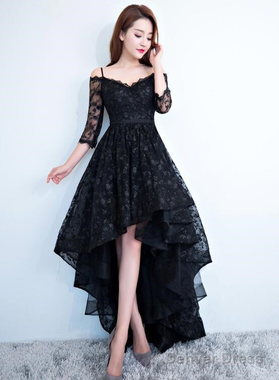 Black Lace V-Neckline Straps High Low Party Dress Homecoming Dress, Black Formal Dress Main image