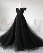 Black Lace Wedding Dresses  Off The Shoulder Pearls Tulle Formal Prom Dresses