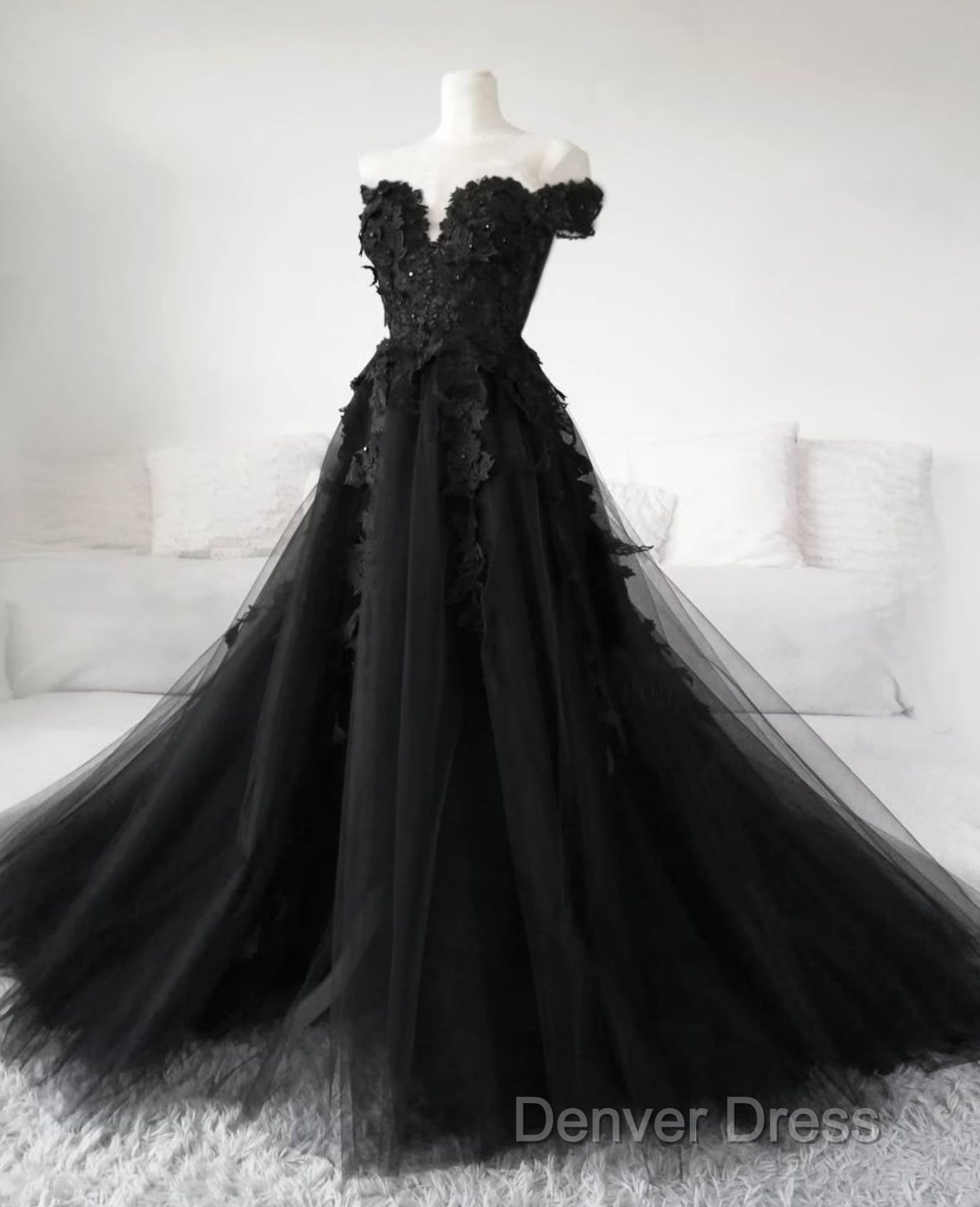 Black Lace Wedding Dress Off The Shoulder Pearls Tulle Prom Dresses Secondary image