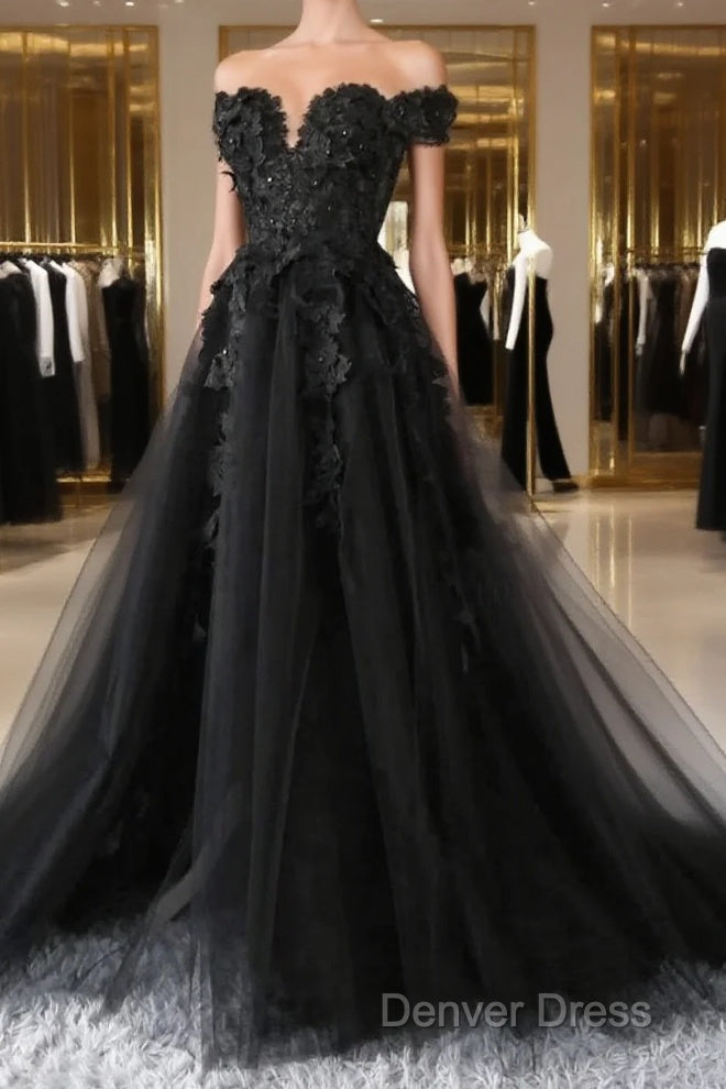 Black Lace Wedding Dresses  Off The Shoulder Pearls Tulle Formal Prom Dresses Main image