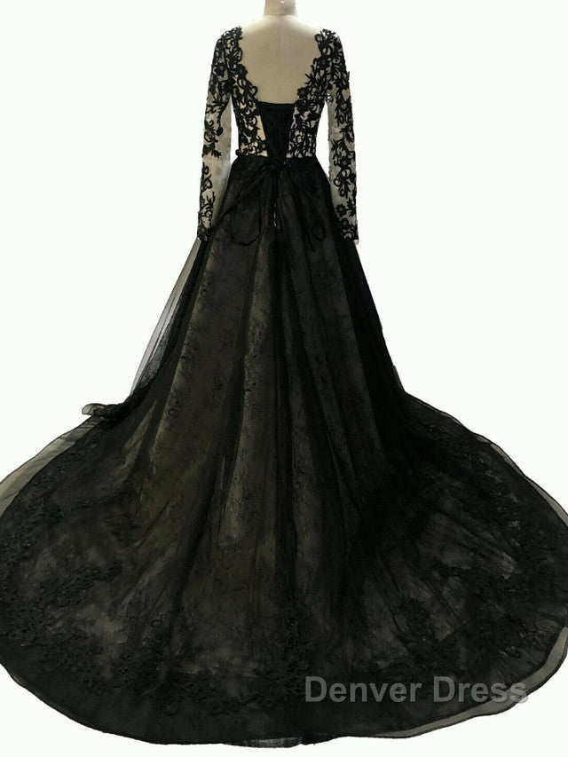Black Long A Line V Neck Lace Tulle Wedding Dresses with Sleeves