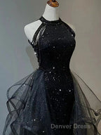 Black Long Mermaid Halter Sequined Tulle Formal Prom Dresses