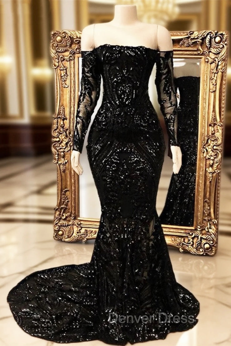 Black Long Mermaid Off the shoulder Prom Dresses with Sleeves Main image