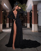 Black Long Prom Dress, Popular Prom Dress ,Fashion Wedding Slit Prom Dresses