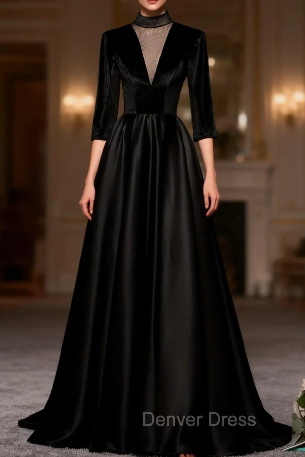 Black Long Sleeve Satin High Neck Prom Dresses Main image