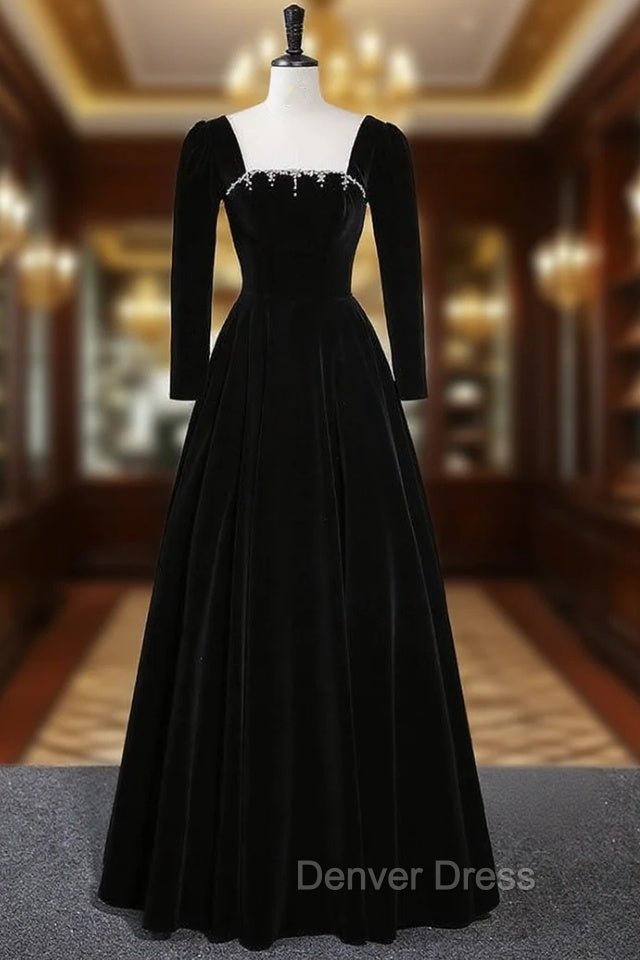 Black Long Sleeve Velvet Crystal Prom Dresses Main image