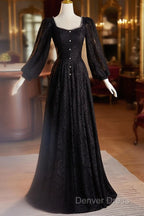 Black Long Sleeves Lace A Line Prom Dress, Black Lace Wedding Prom Dresses