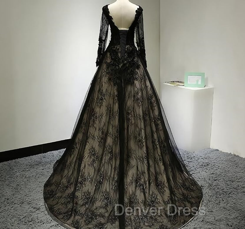 Black Long Sleeves Lace Prom Dress, Black Evening Gown – Denver Dress