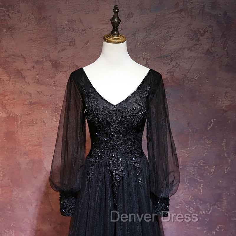 Black Long Sleeves V Neckline Prom Dress, Black Prom Dresses