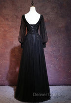 Black Long Sleeves V Neckline Prom Dress, Black Prom Dresses