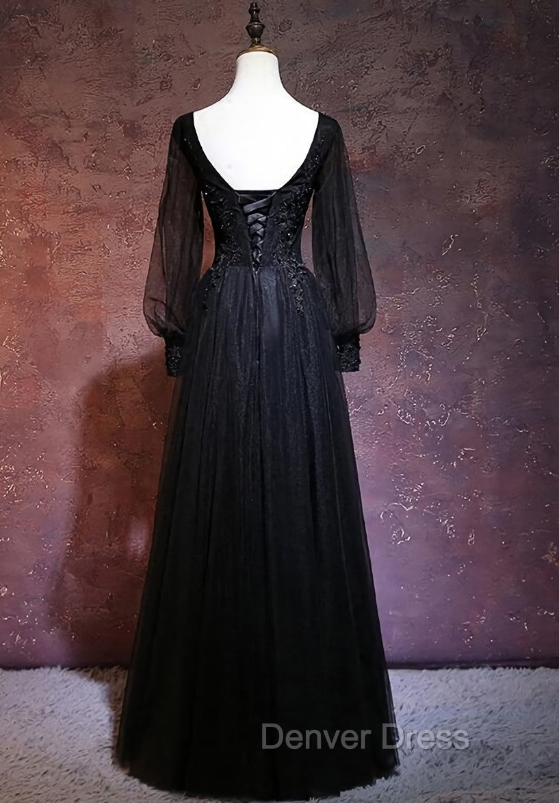 Black Long Sleeves V Neckline Prom Dress, Black Prom Dresses