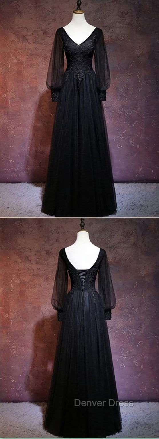 Black Long Sleeves V Neckline Prom Dress, Black Prom Dresses