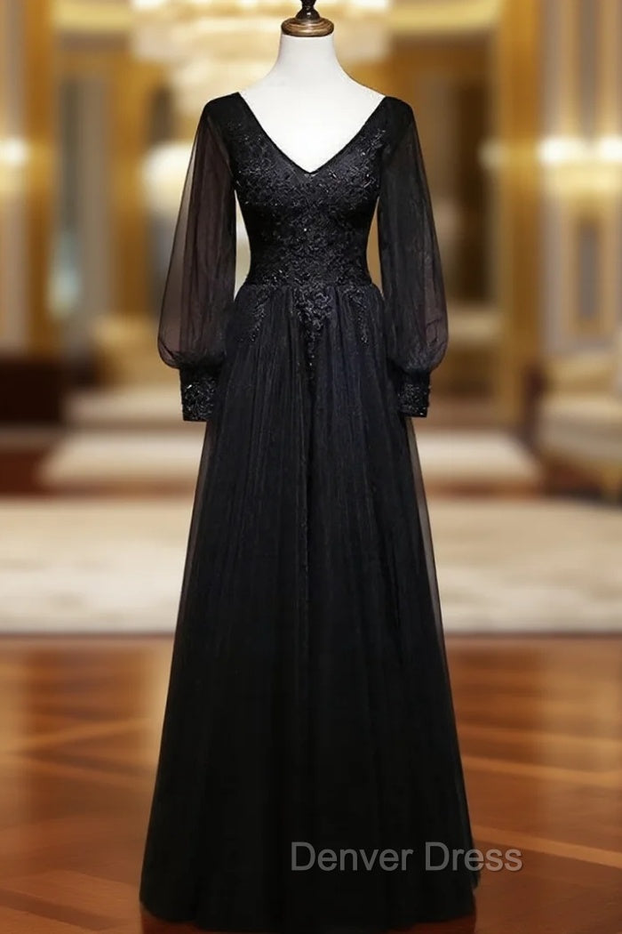 Black Long Sleeves V-neckline Evening Dresses, Black Prom Dresses Main image