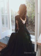 Black Long Sleeves V-Neckline Tulle With Lace Party Dress, Black Evening Party Dress
