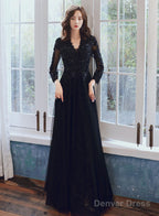 Black Long Sleeves V-Neckline Tulle With Lace Party Dress, Black Evening Party Dress