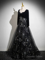 Black Long Sleeves Velet And Tulle Party Dress, Black Sweetheart Prom Dress