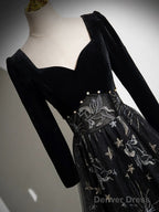 Black Long Sleeves Velet And Tulle Party Dress, Black Sweetheart Prom Dress