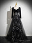 Black Long Sleeves Velet And Tulle Party Dress, Black Sweetheart Prom Dress