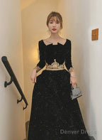 Black Long Sleeves Velvet A-Line Formal Dress, Black Floor Length Party Dress
