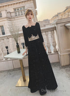 Black Long Sleeves Velvet A-Line Prom Dress, Black Floor Length Prom Dresses
