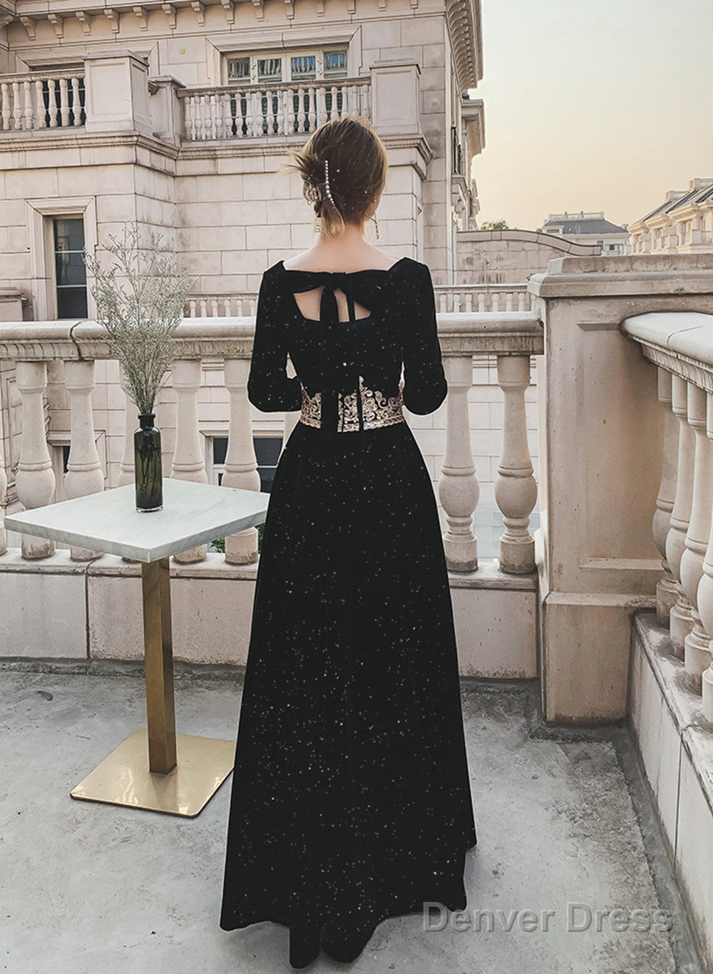Black Long Sleeves Velvet A-Line Formal Dress, Black Floor Length Party Dress
