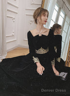 Black Long Sleeves Velvet A-Line Formal Dress, Black Floor Length Party Dress