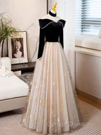 Black Long Sleeves Velvet ane Tulle Long Prom Derss, Black Off Shoulder Prom Dresses