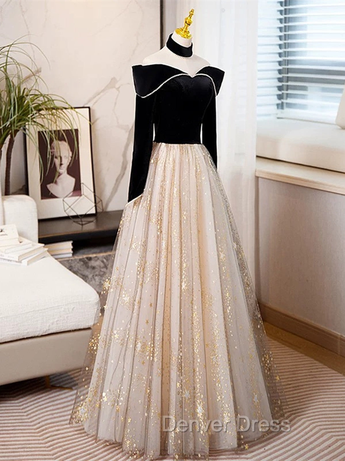 Black Long Sleeves Velvet ane Tulle Long Prom Derss, Black Off Shoulder Prom Dresses