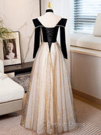 Black Long Sleeves Velvet ane Tulle Long Prom Derss, Black Off Shoulder Prom Dresses