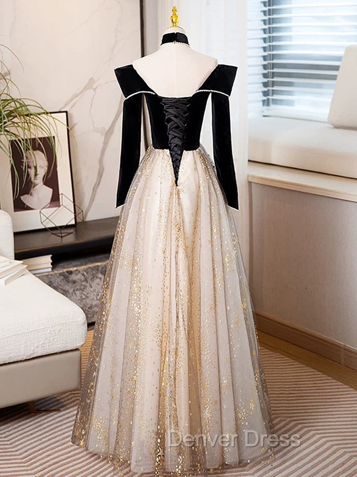 Black Long Sleeves Velvet ane Tulle Long Prom Derss, Black Off Shoulder Prom Dresses