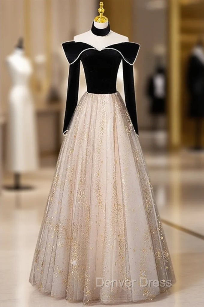 Black Long Sleeves Velvet ane Tulle Long Prom Derss, Black Off Shoulder Prom Dresses